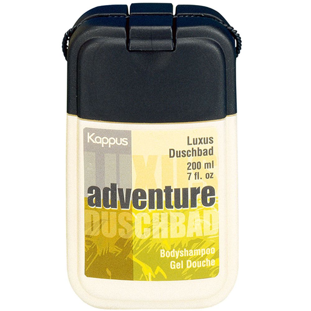 Behälter mit schwarzem Deckel. Aufschrift: Kappus, adventure Duschbad, Luxus Duschbad, 200 ml, Bodyshamppo, Gel Douche.