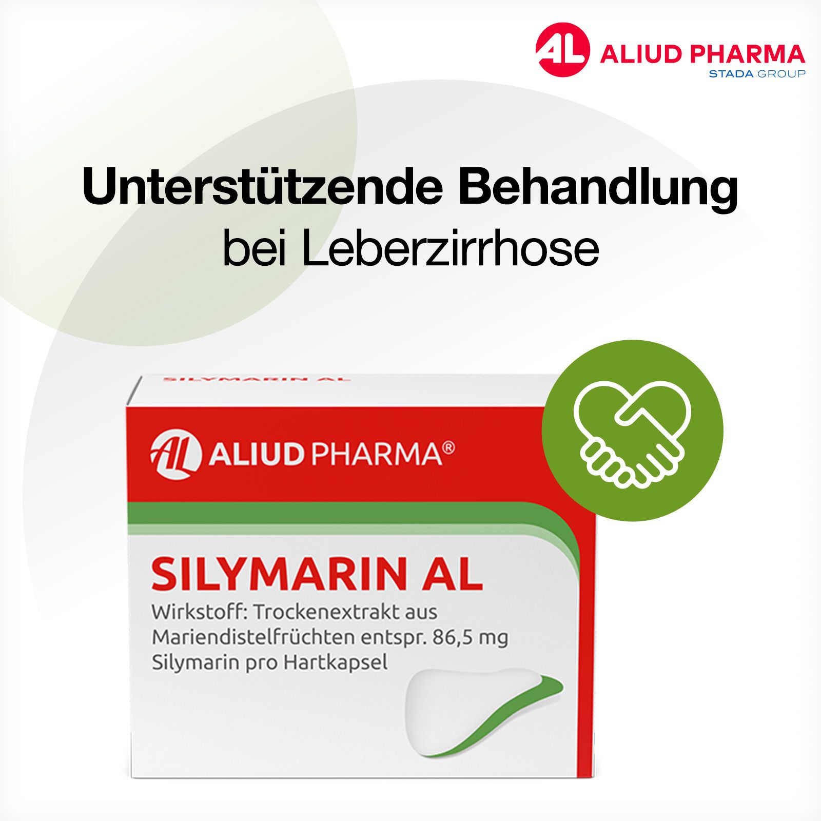 Werbung für Silymarin AL. Produktverpackung mit Text: Unterstützende Behandlung bei Leberzirrhose.