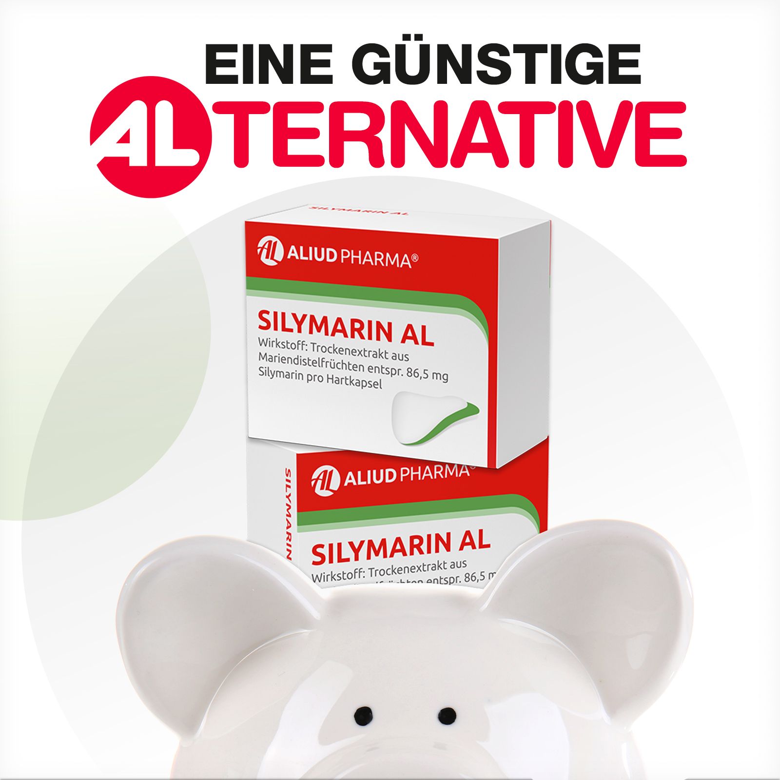 Werbung für Silymarin AL. Zwei Produktverpackungen. Text: Eine günstige Alternative.
