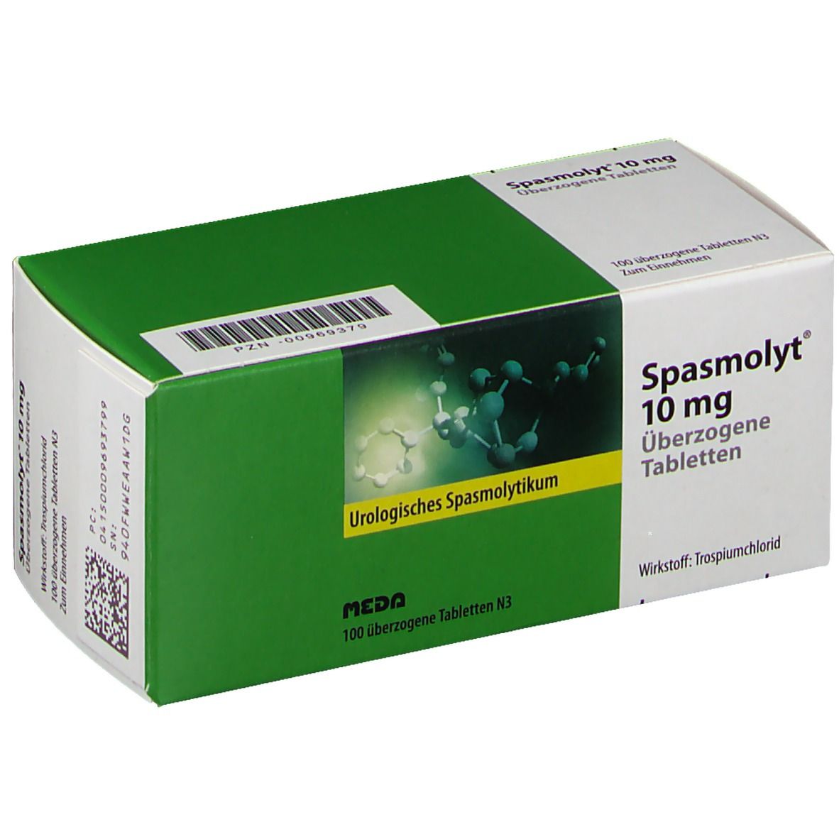 Karton mit Spasmolyt 10 mg Tabletten. Grün-weiße Verpackung mit Produktinformationen und Logo.