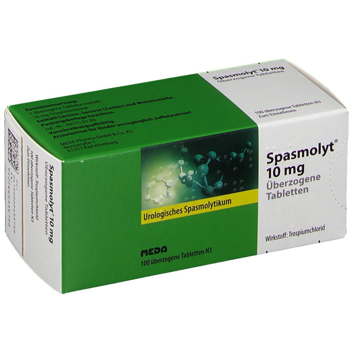 Karton mit Spasmolyt 10 mg Tabletten. Grün-weiße Verpackung mit Produktinformationen und Logo.