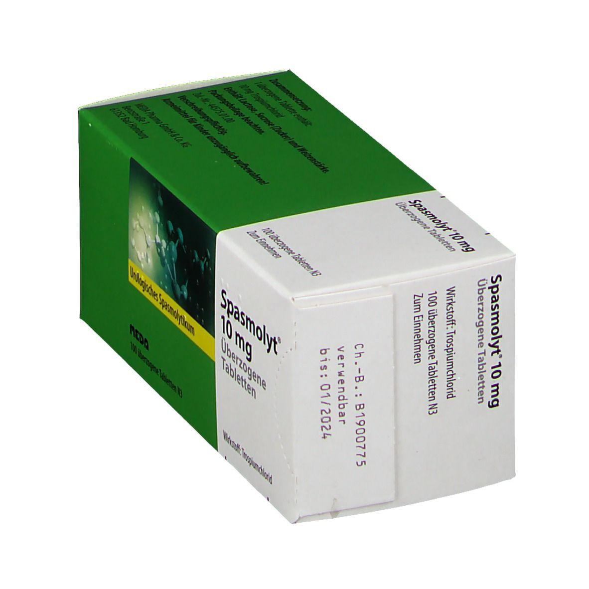 Schräg gestellte Verpackung von Spasmolyt 10 mg Tabletten. Grün-weiße Schachtel mit Produktinformationen.