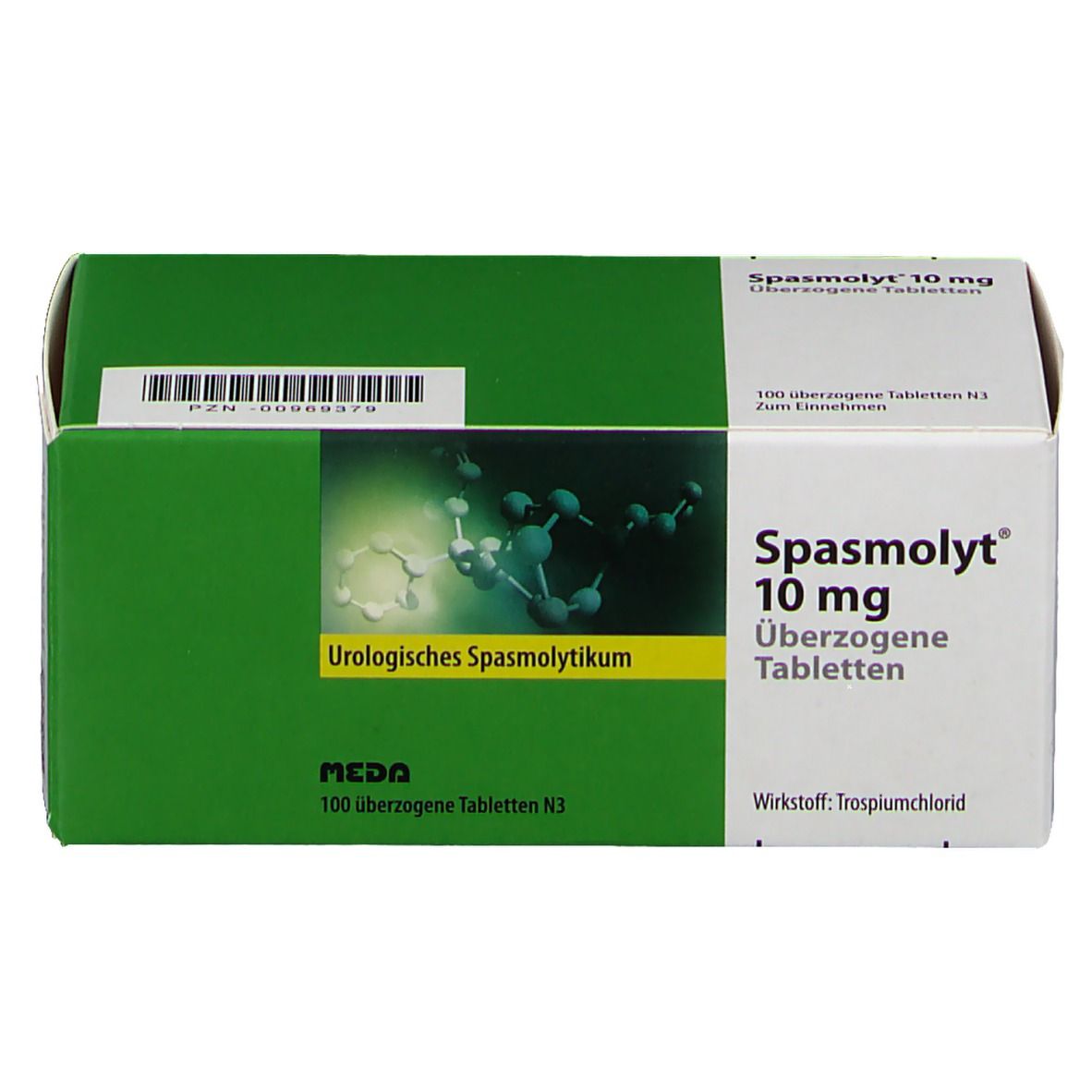 Karton mit Spasmolyt 10 mg Tabletten. Grün-weiße Verpackung mit Produktinformationen und Logo.
