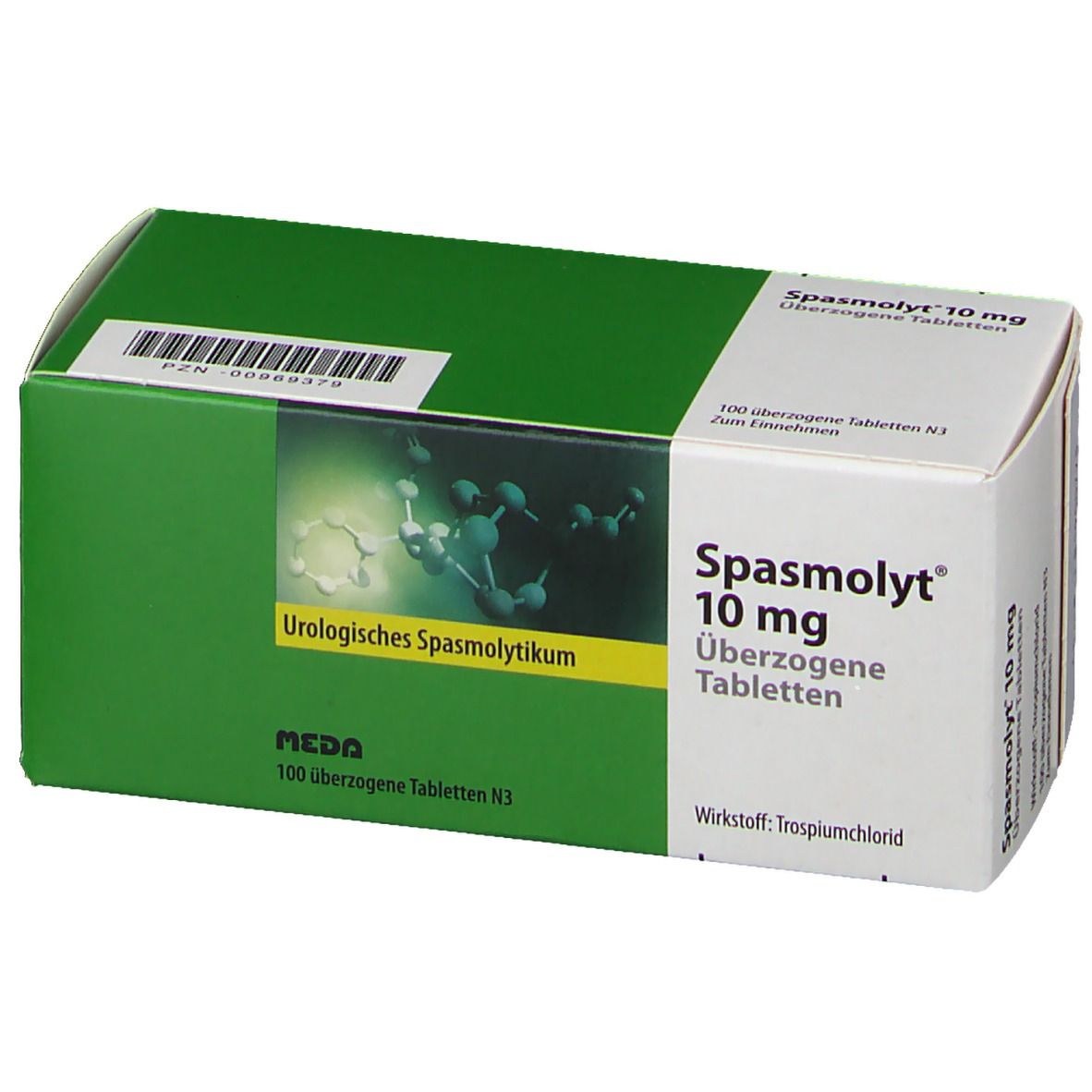 Karton mit Spasmolyt 10 mg Tabletten. Grün-weiße Verpackung mit Produktinformationen und Logo.