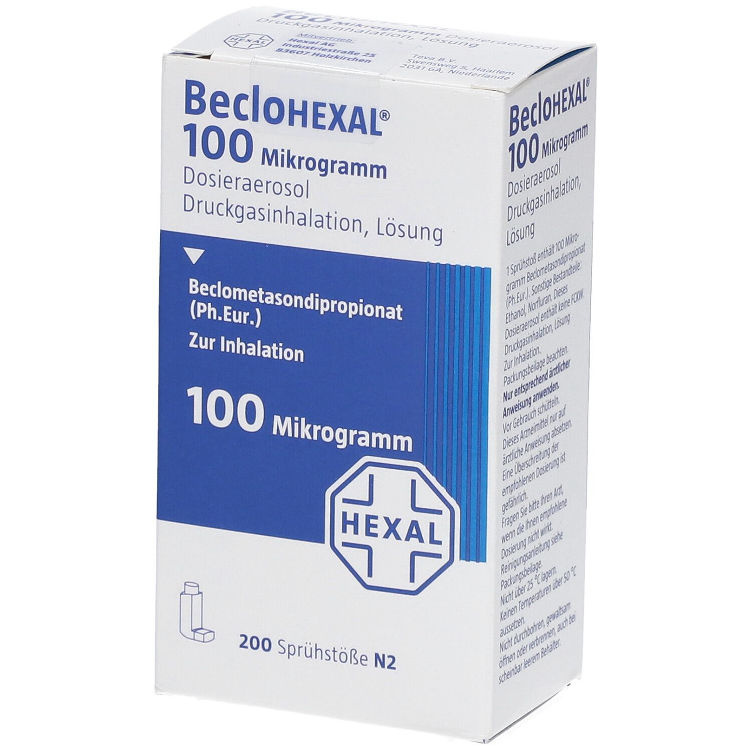 Weiß-blaue Schachtel mit Produktnamen BecloHEXAL 100 Mikrogramm. Enthält Dosieraerosol, Druckgasinhalation, Lösung. Hexal-Logo.
