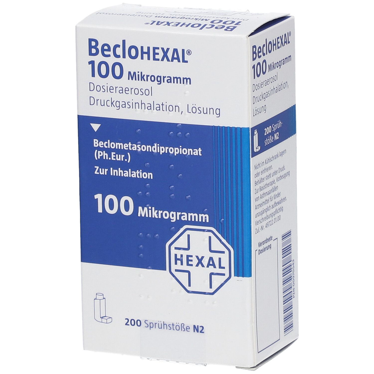 Weiße und blaue Schachtel mit BecloHEXAL 100 Mikrogramm. Enthält Dosieraerosol, Druckgasinhalation, Lösung. Hexal-Logo.