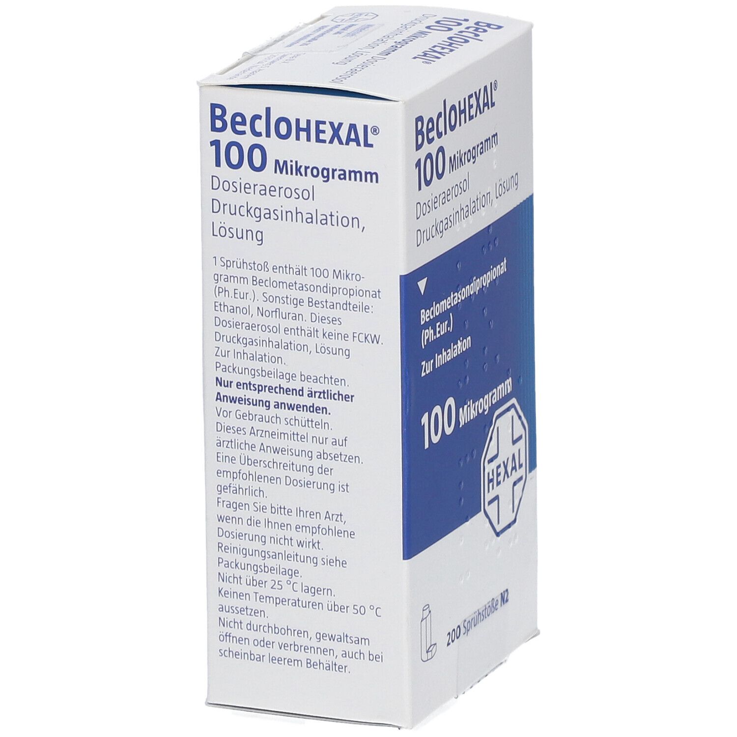 Weiße und blaue Schachtel mit BecloHEXAL 100 Mikrogramm. Enthält Dosieraerosol, Druckgasinhalation, Lösung. Text und Informationen.