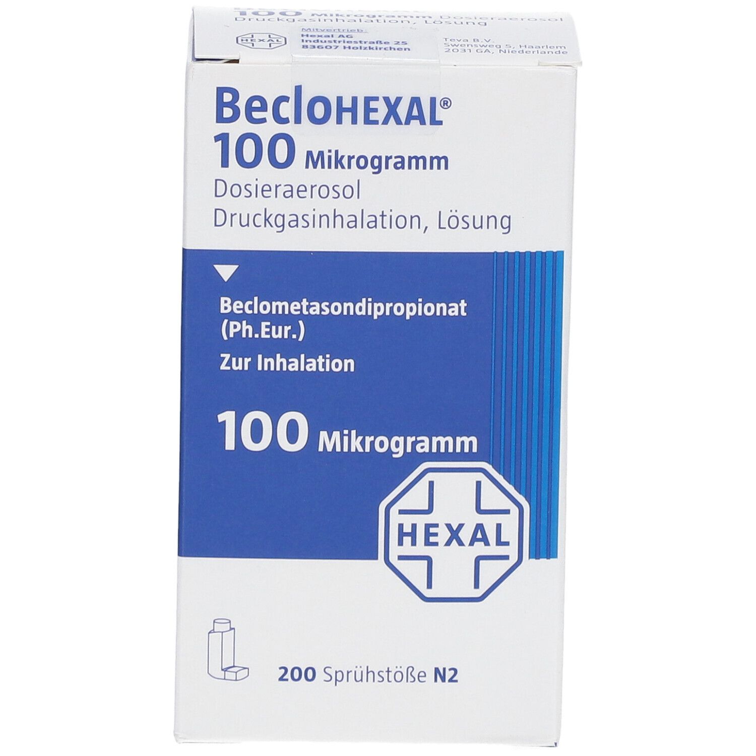 Weiße und blaue Schachtel mit BecloHEXAL 100 Mikrogramm. Enthält Dosieraerosol, Druckgasinhalation, Lösung. Hexal-Logo.