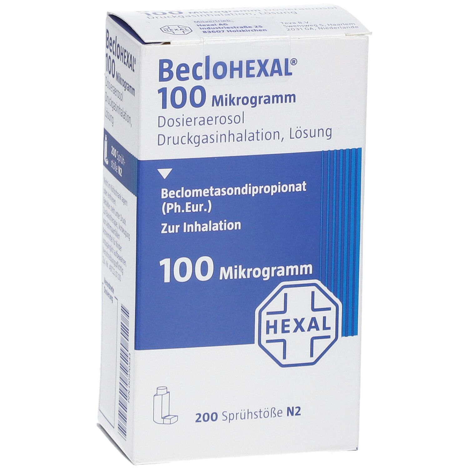Weiße und blaue Schachtel mit BecloHEXAL 100 Mikrogramm. Enthält Dosieraerosol, Druckgasinhalation, Lösung. 200 Sprühstöße N2.