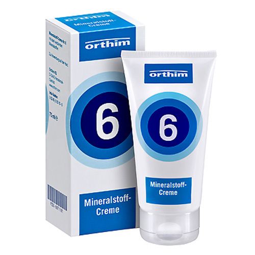 Creme-Tube und Schachtel. Aufschrift: orthim, 6, Mineralstoff-Creme. Blaue Kreise auf weißem Hintergrund. 75 ml.
