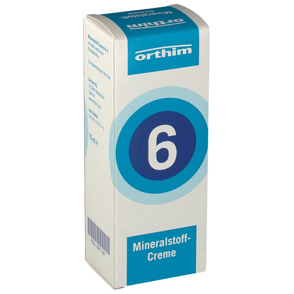 Schachtel mit Aufschrift: orthim, 6, Mineralstoff-Creme. Blaue Kreise auf weißem Hintergrund. Text: 75 ml.