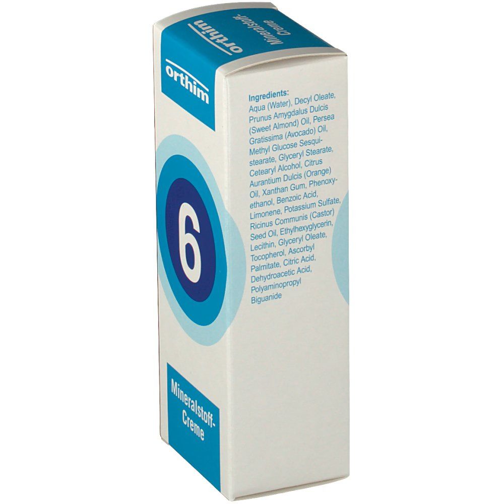 Schachtel mit Aufschrift: orthim, 6, Mineralstoff-Creme. Blaue Kreise auf weißem Hintergrund. Zutatenliste.