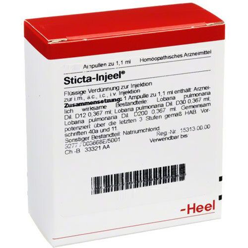 Karton mit rotem Deckel. Beschriftung: Sticta-Injeel®, Homöopathisches Arzneimittel. Enthält Informationen zur Zusammensetzung.