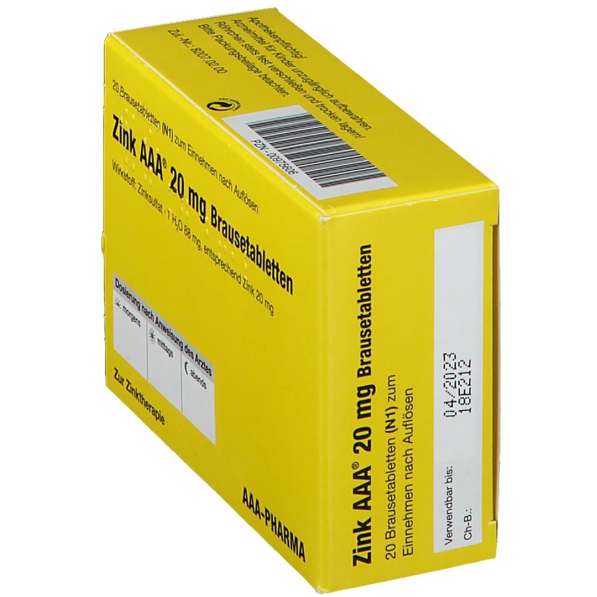 Gelbe Schachtel mit Aufschrift Zink AAA 20 mg Brausetabletten. Enthält 20 Tabletten. Barcode und Verfallsdatum.