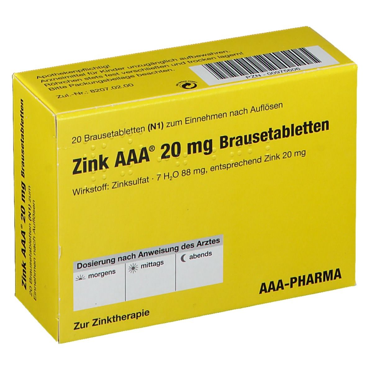 Gelbe Schachtel mit Aufschrift Zink AAA 20 mg Brausetabletten. Enthält 20 Tabletten. Dosierungsangaben und Logo AAA-Pharma.