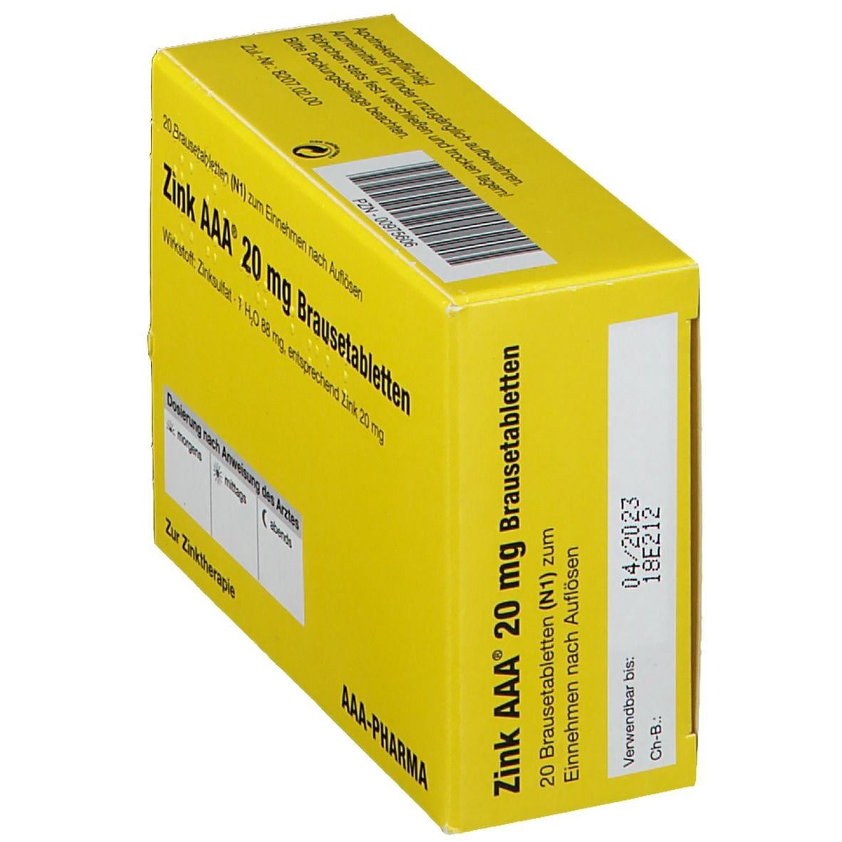 Gelbe Schachtel mit Aufschrift Zink AAA 20 mg Brausetabletten. Enthält 20 Tabletten. Barcode und Verfallsdatum.