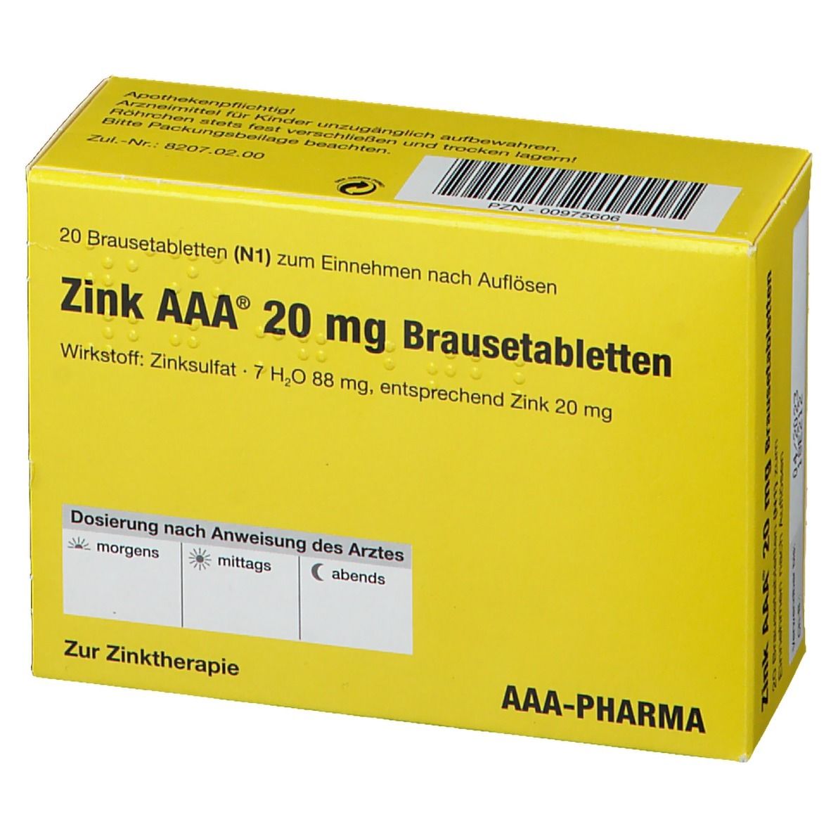 Gelbe Schachtel mit Aufschrift Zink AAA 20 mg Brausetabletten. Enthält 20 Tabletten. Dosierungsangaben und Logo AAA-Pharma.