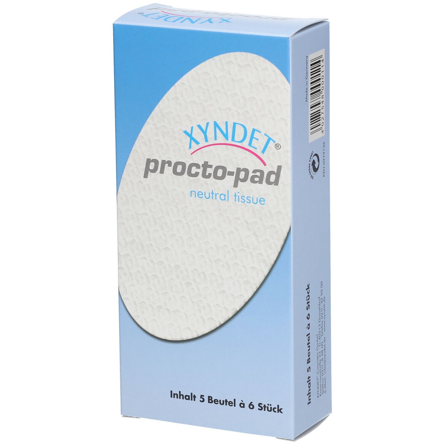 Karton mit Produktbezeichnung und ovalem Pad-Design. Text: Xyndet procto-pad neutral tissue. Inhalt: 5 Beutel à 6 Stück.