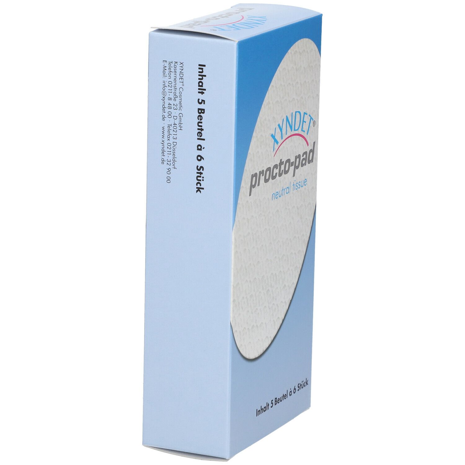 Blauer Karton, Seitenansicht. Text: Xyndet procto-pad neutral tissue. Inhalt: 5 Beutel à 6 Stück. Barcode und Kontaktinformationen.