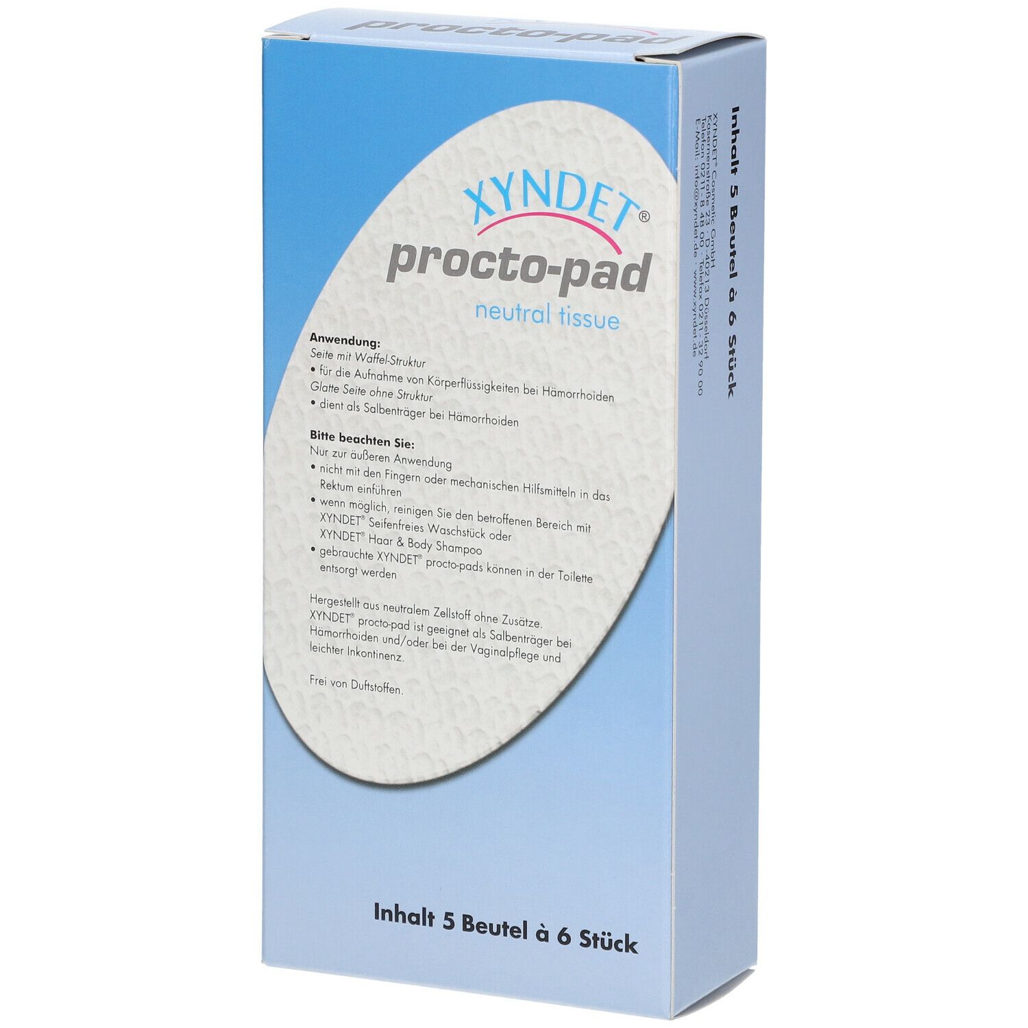 Karton mit Produktinformationen. Text: Xyndet procto-pad neutral tissue. Anwendungshinweise und Inhaltsangabe. Inhalt: 5 Beutel à 6 Stück.