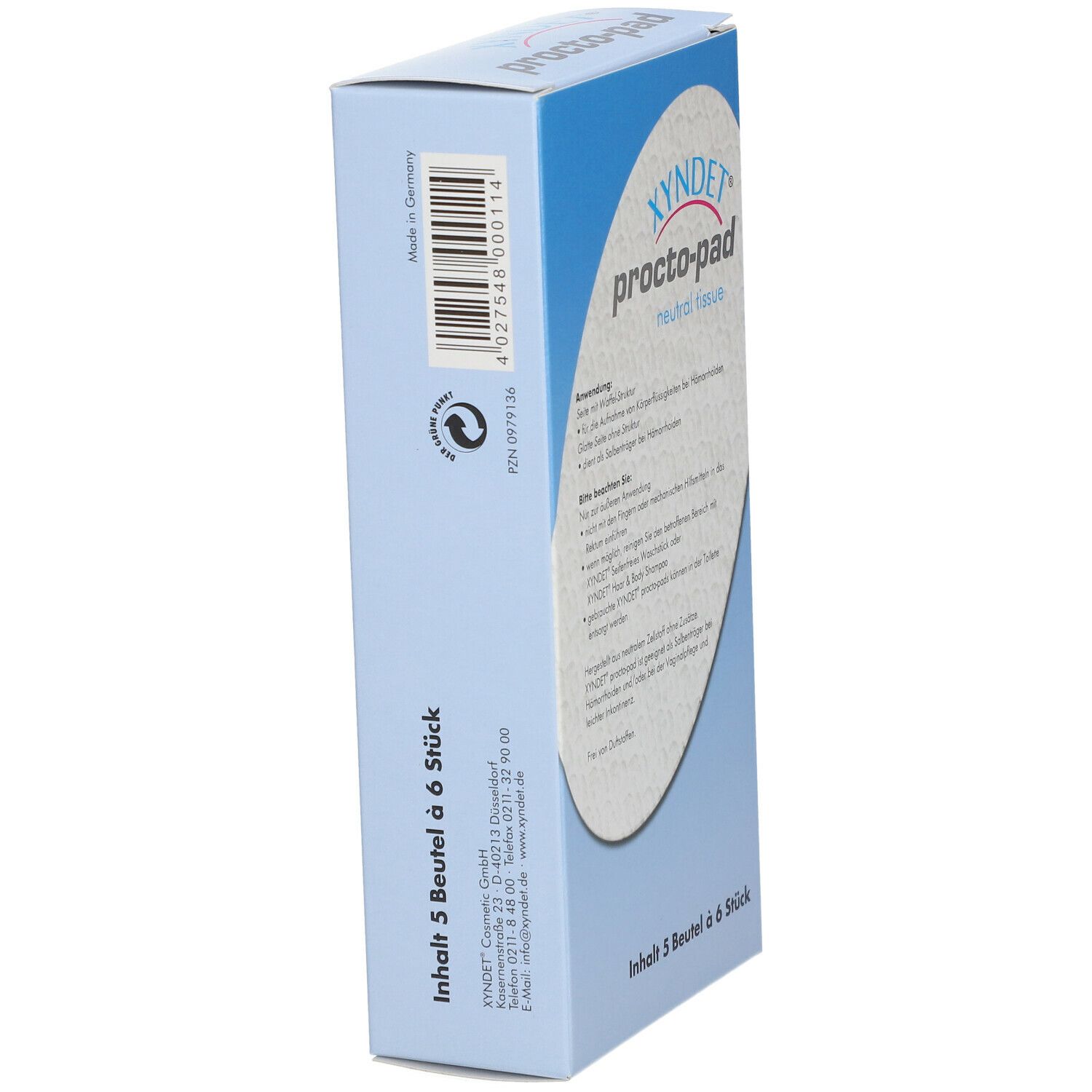 Blauer Karton, Seitenansicht mit Barcode und Text. Text: Xyndet procto-pad neutral tissue. Inhalt: 5 Beutel à 6 Stück. Hergestellt in Deutschland.