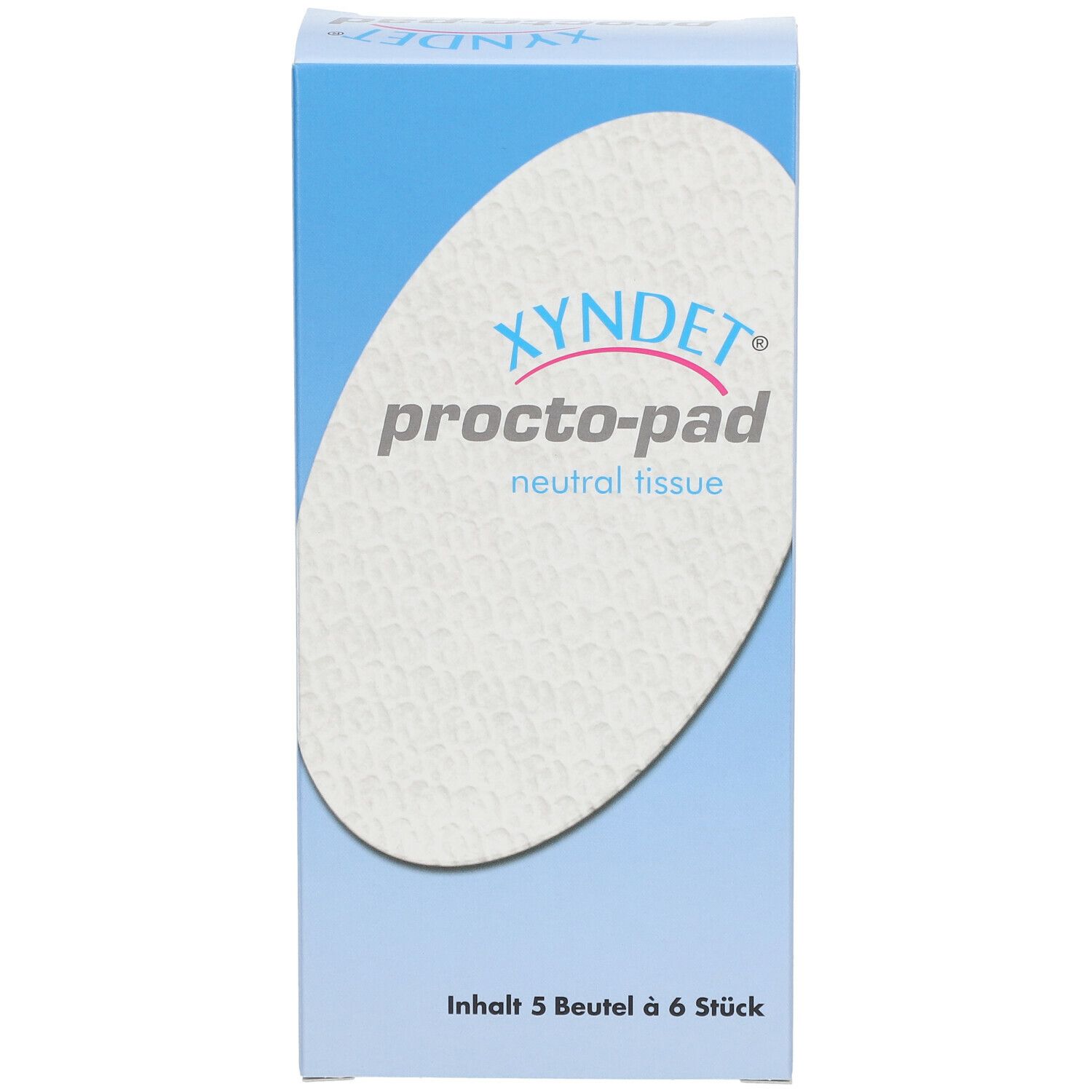 Karton mit Produktbezeichnung und ovalem Pad-Design. Text: Xyndet procto-pad neutral tissue. Inhalt: 5 Beutel à 6 Stück.