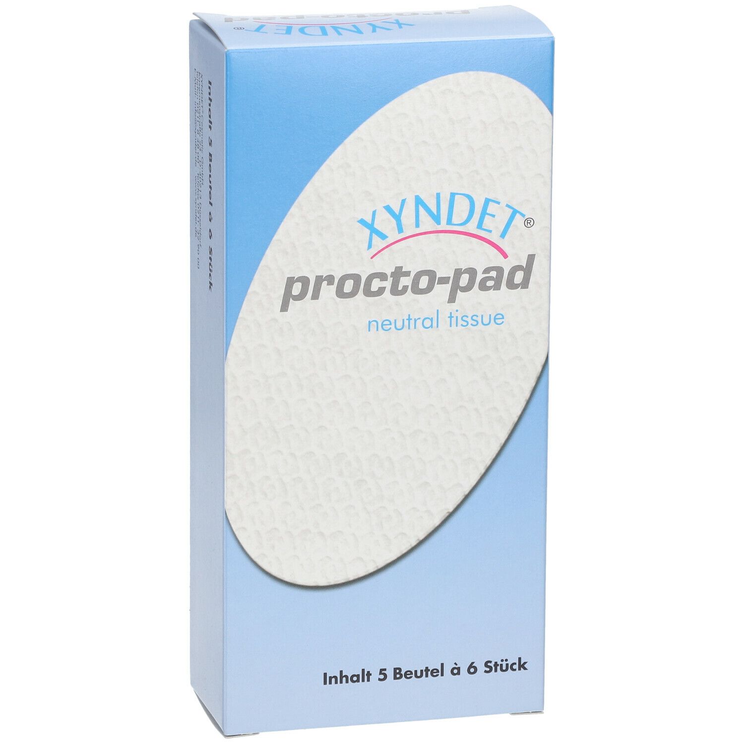 Karton mit Produktbezeichnung und ovalem Pad-Design. Text: Xyndet procto-pad neutral tissue. Inhalt: 5 Beutel à 6 Stück.
