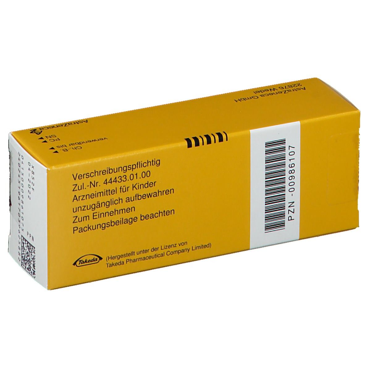 Rückseite einer gelben Atacand Plus Tabletten-Packung. Aufschrift: Verschreibungspflichtig, Zul.-Nr. 44433.01.00, PZN-00986107.