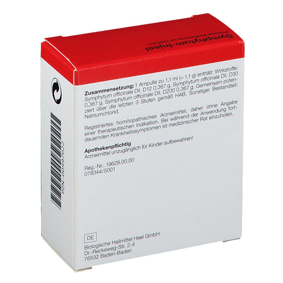 Rückseite einer weißen Schachtel mit rotem Deckel. Text: Zusammensetzung, Apothekenpflichtig. Marke: Heel.