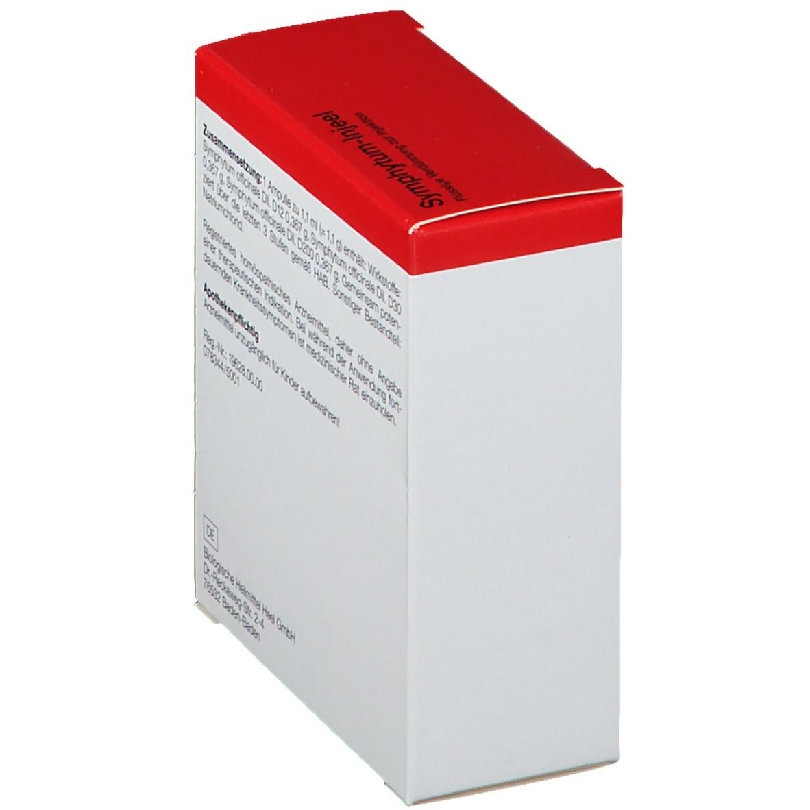 Schachtel mit rotem Deckel. Aufschrift: Symphytum-Injeel. Text: Zusammensetzung, Apothekenpflichtig. Marke: Heel.