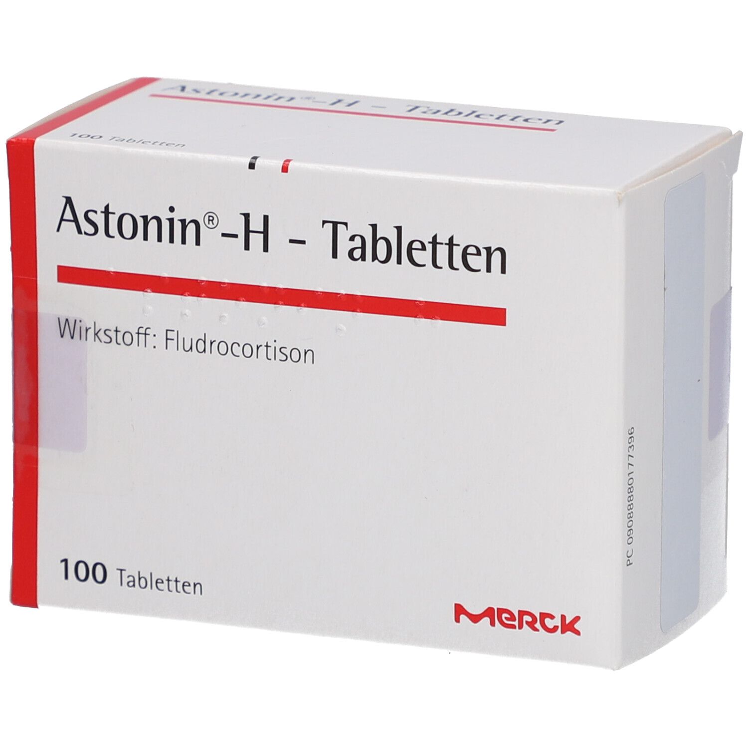 Weiße Schachtel mit roter Schrift und rotem Streifen. Aufschrift: Astonin-H-Tabletten, 100 Tabletten, Merck.