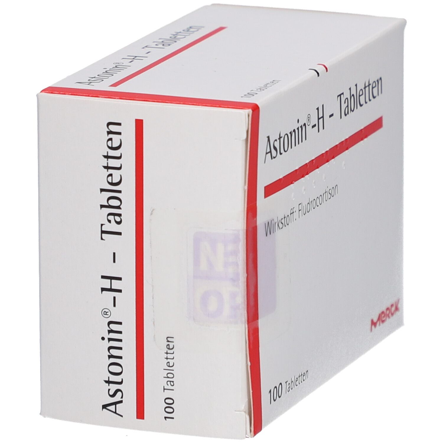 Weiße Schachtel mit roter Schrift und rotem Streifen. Aufschrift: Astonin-H-Tabletten, 100 Tabletten, Merck.