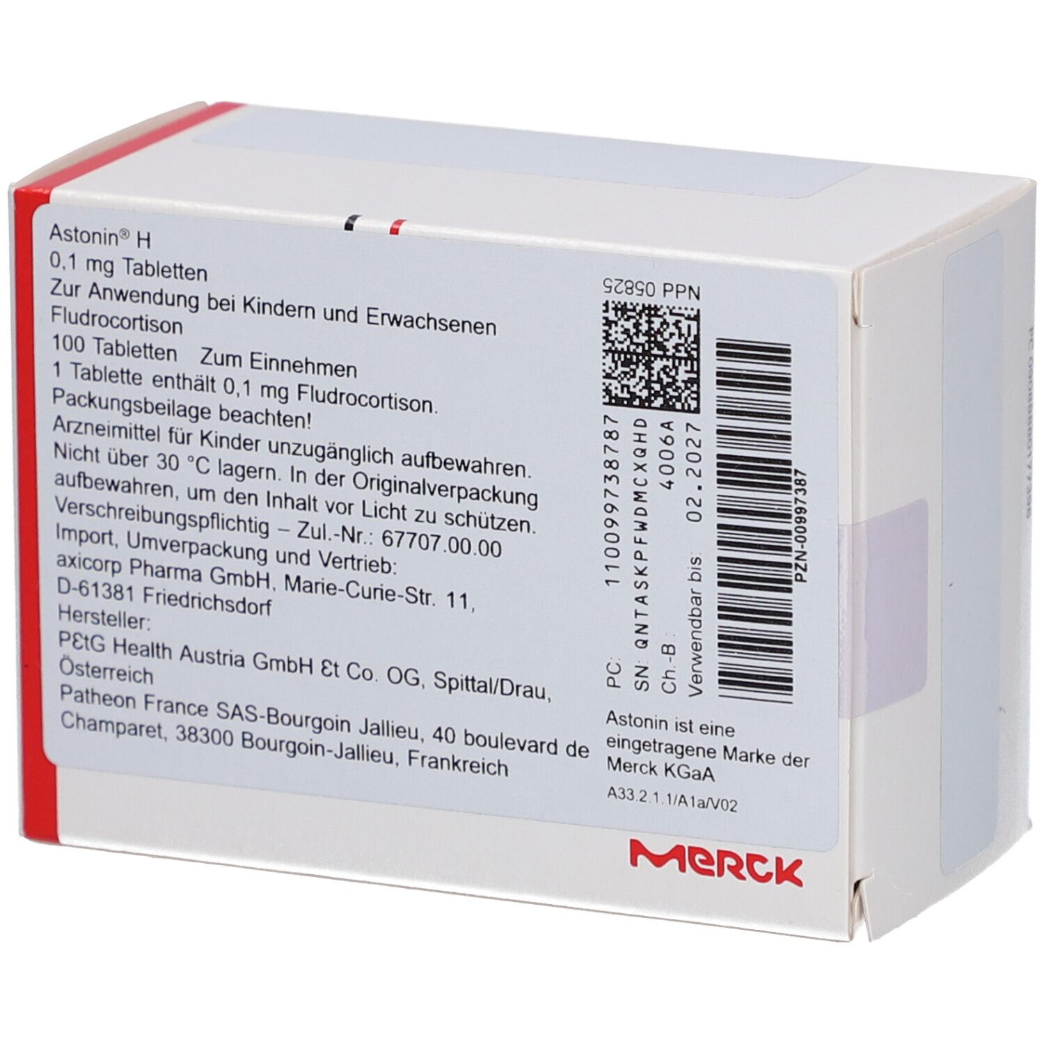 Weiße Schachtel mit Text und Barcode. Aufschrift: Astonin H, 100 Tabletten, Merck. Informationen zur Anwendung und Inhaltsstoffen.