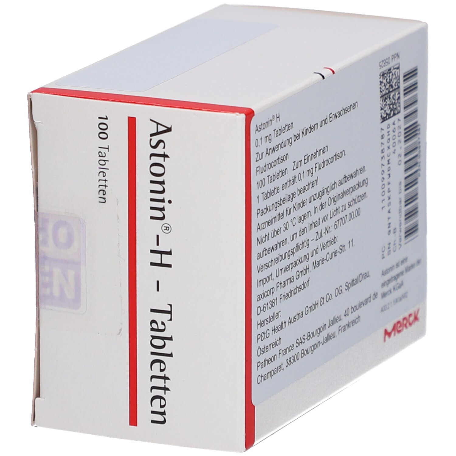 Weiße Schachtel mit roter Schrift und Text. Aufschrift: Astonin-H-Tabletten, 100 Tabletten, Merck. Informationen zur Anwendung.