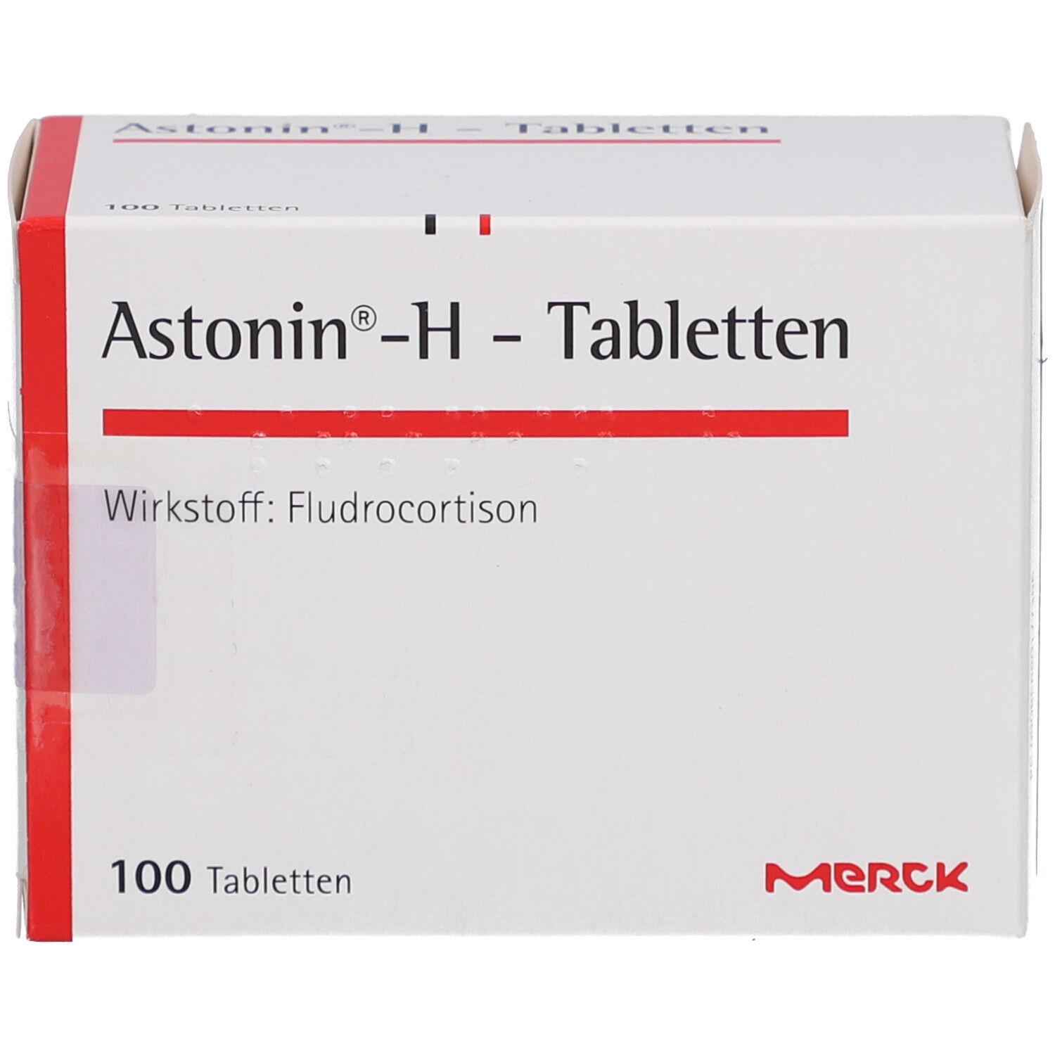 Weiße Schachtel mit roter Schrift und rotem Streifen. Aufschrift: Astonin-H-Tabletten, 100 Tabletten, Merck.
