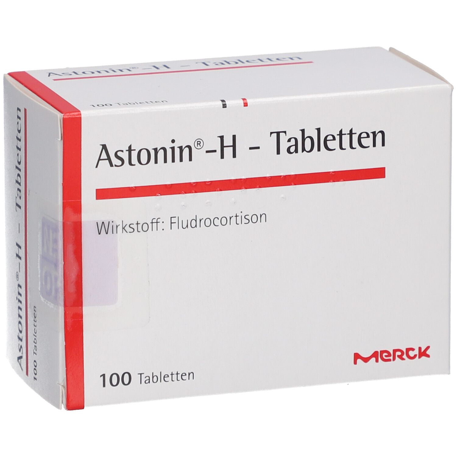 Weiße Schachtel mit roter Schrift und rotem Streifen. Aufschrift: Astonin-H-Tabletten, 100 Tabletten, Merck.
