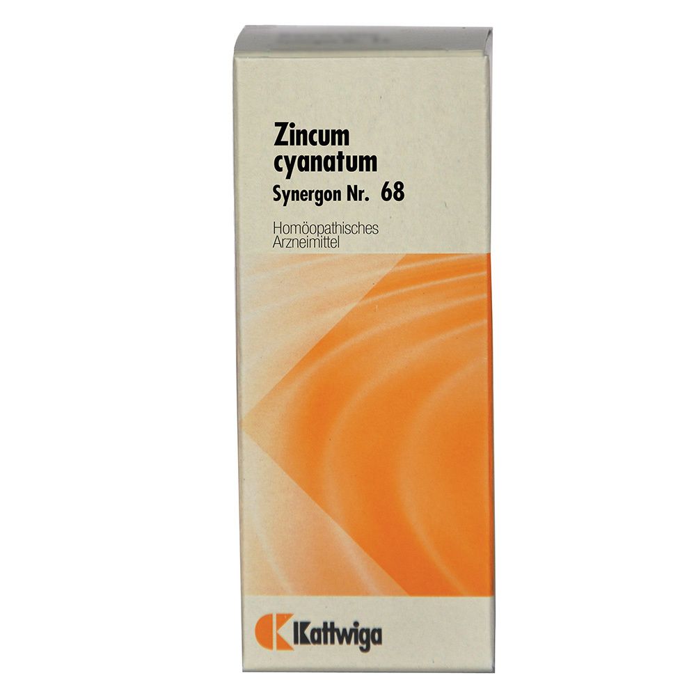 Karton mit Produktbeschriftung: Zincum cyanatum Synergon Nr. 68. Homöopathisches Arzneimittel. Logo Kattwiga.