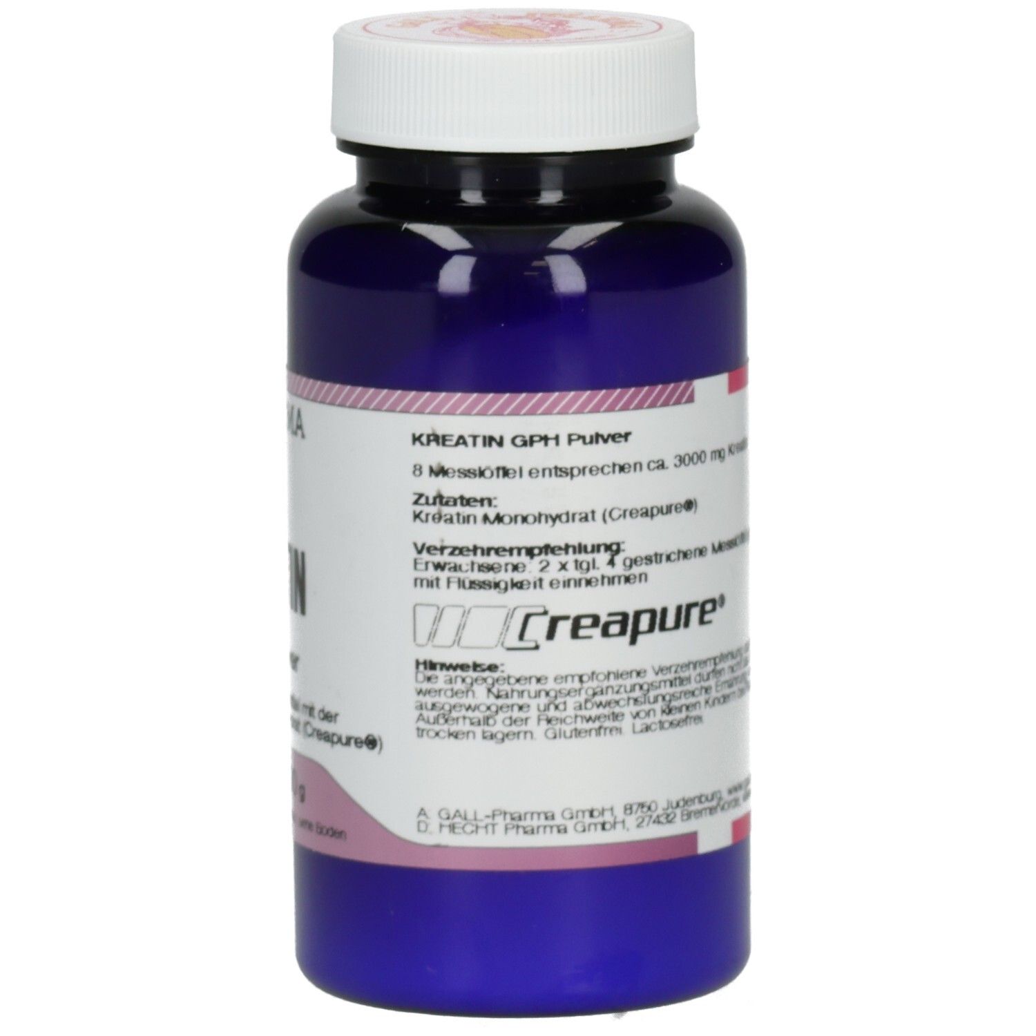 Creatin GPH Pulver in blauer Dose mit weißem Deckel.