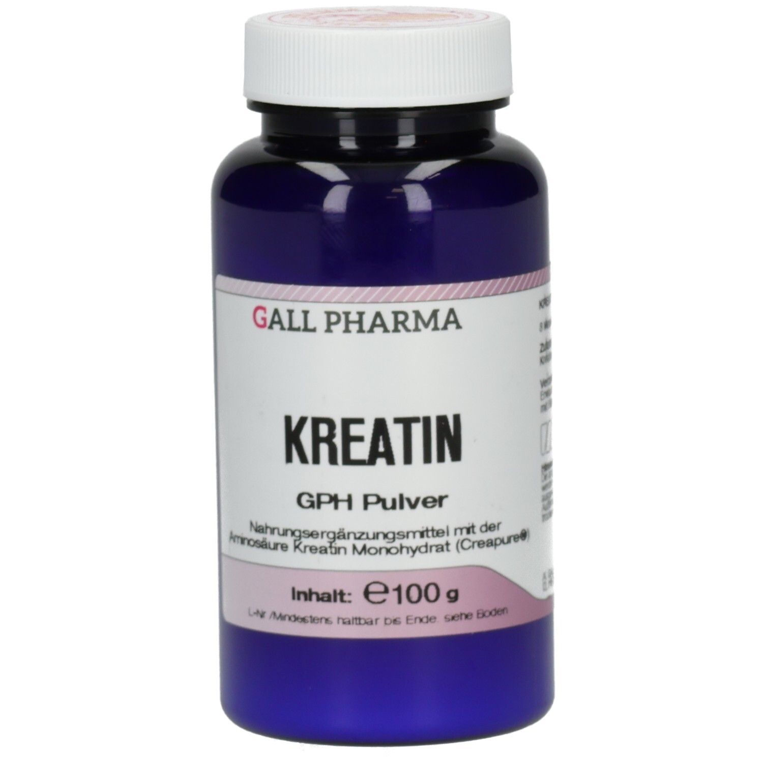 Blauer Behälter mit Gall Pharma Kreatin GPH Pulver, 100g.