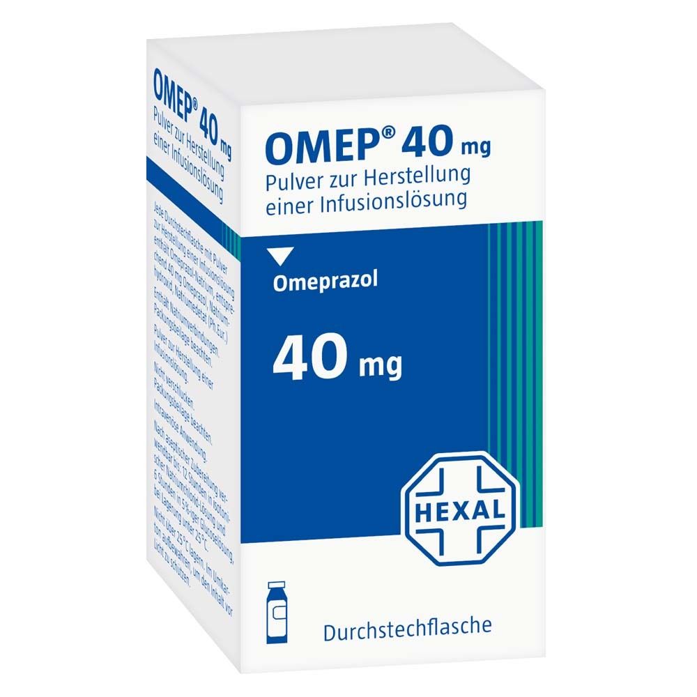 Verpackung von OMEP® 40 mg. Weiße Schachtel mit blauer Fläche. Text: OMEP® 40 mg, Omeprazol, 40 mg, HEXAL-Logo. Durchstechflasche.
