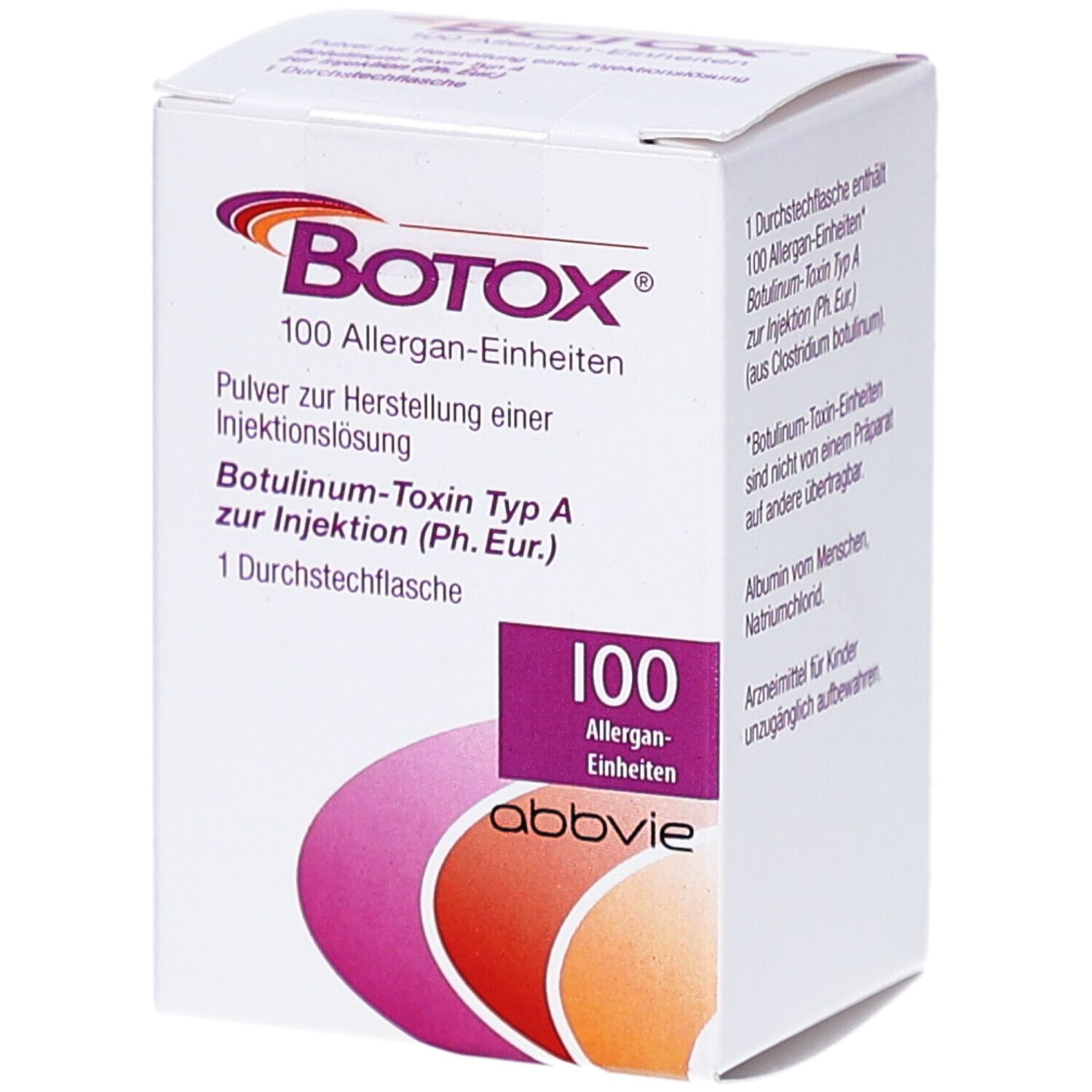Weiße Schachtel mit lila Akzenten. Aufschrift: Botox 100 Allergan-Einheiten. Enthält Botulinum-Toxin Typ A. Abbvie-Logo.