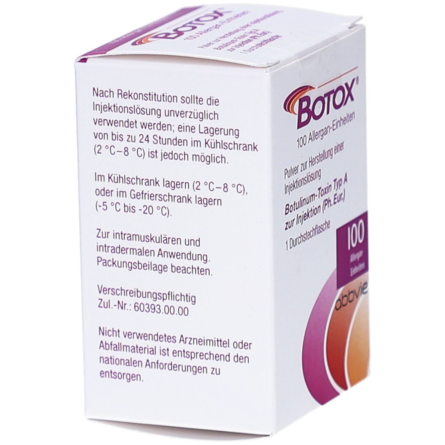 Weiße Schachtel, Seitenansicht. Text: Nach Rekonstitution verwenden. Lagerung im Kühlschrank. Botox-Logo und 100 Allergan-Einheiten.