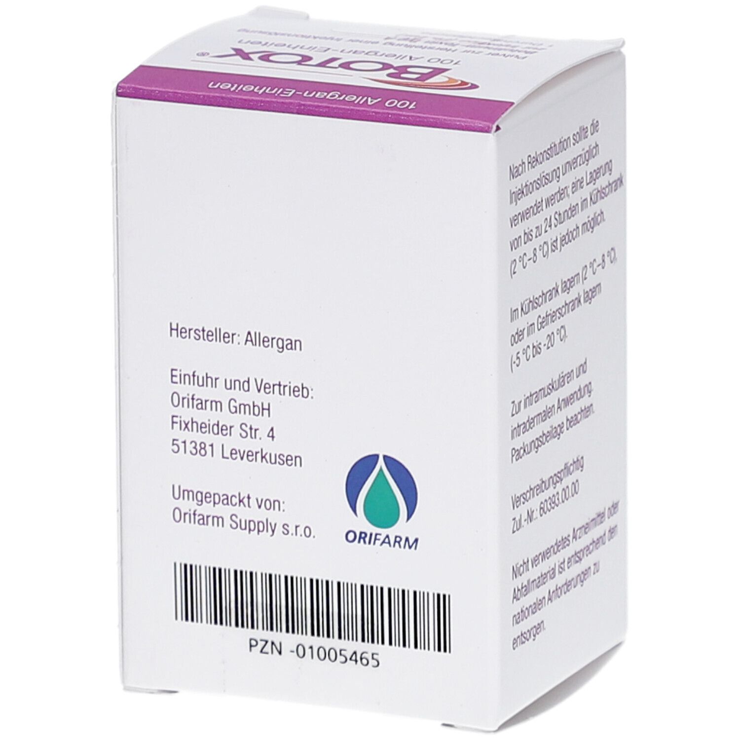Weiße Schachtel, Rückseite. Hersteller: Allergan. Vertrieb: Orifarm GmbH. Logo Orifarm. PZN-01005465.
