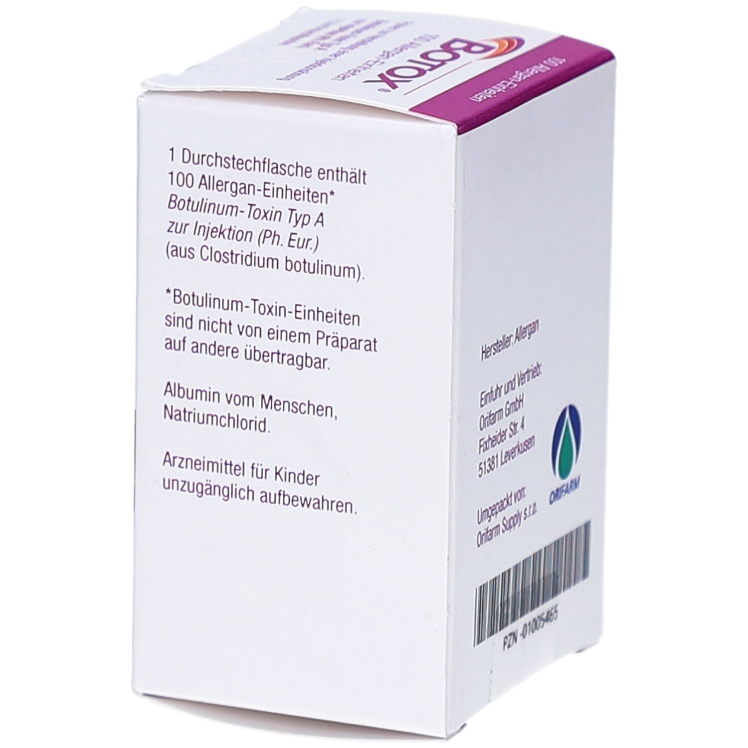 Weiße Schachtel, Seitenansicht. Text: 1 Durchstechflasche enthält 100 Allergan-Einheiten. Botulinum-Toxin Typ A. Herstellerinformationen.