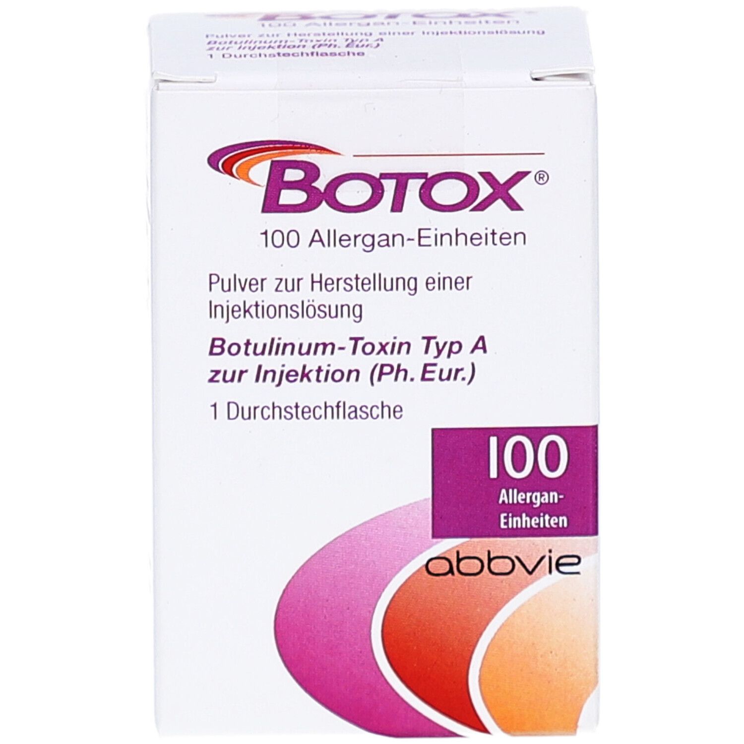 Weiße Schachtel mit Botox-Logo und 100 Allergan-Einheiten. Enthält Botulinum-Toxin Typ A. Abbvie-Logo.