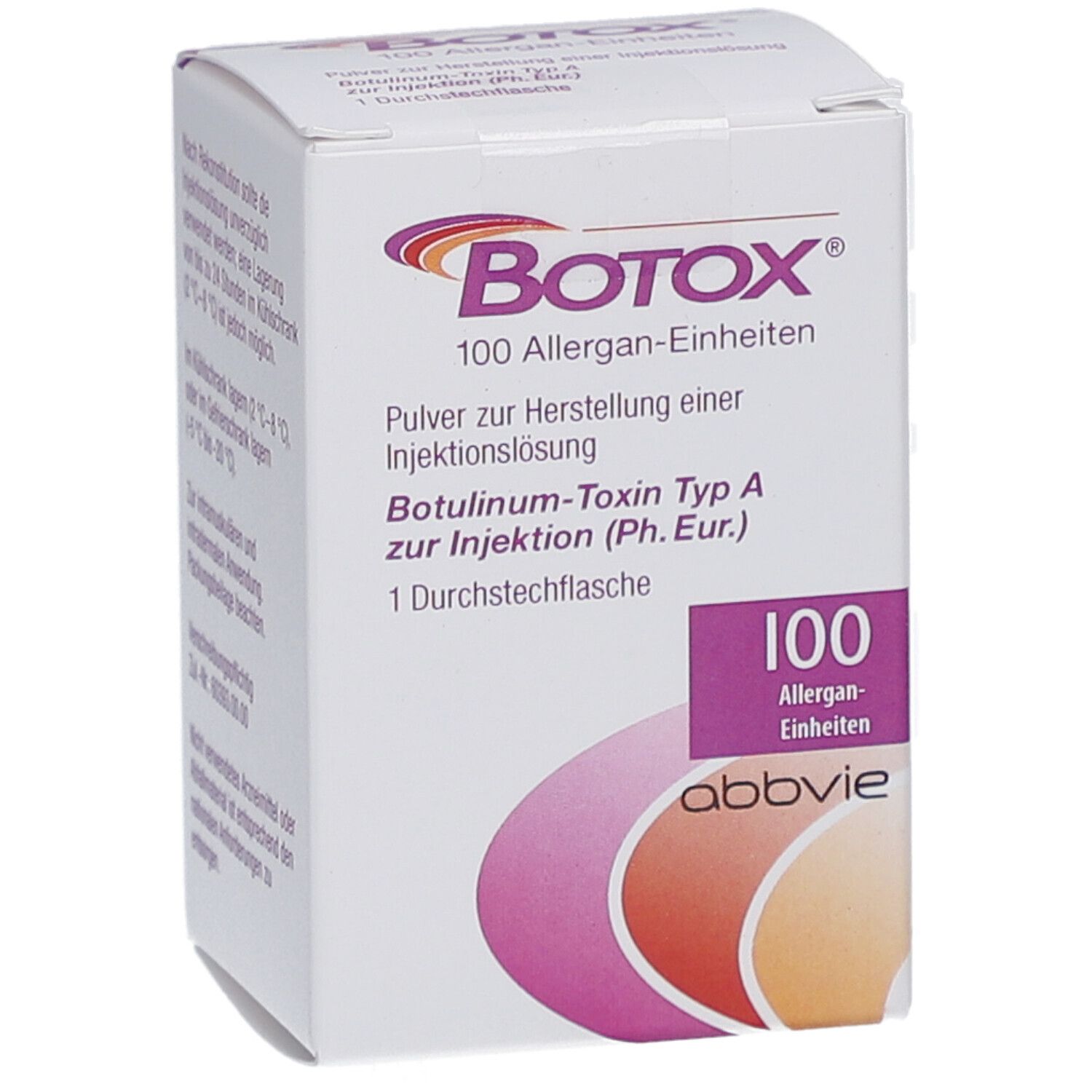 Weiße Schachtel mit Botox-Logo und 100 Allergan-Einheiten. Enthält Botulinum-Toxin Typ A. Abbvie-Logo.