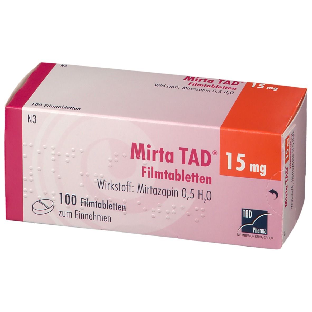 Verpackung von Mirta TAD 15 mg Filmtabletten, 100 Stück, mit Fokus auf die Vorderseite.