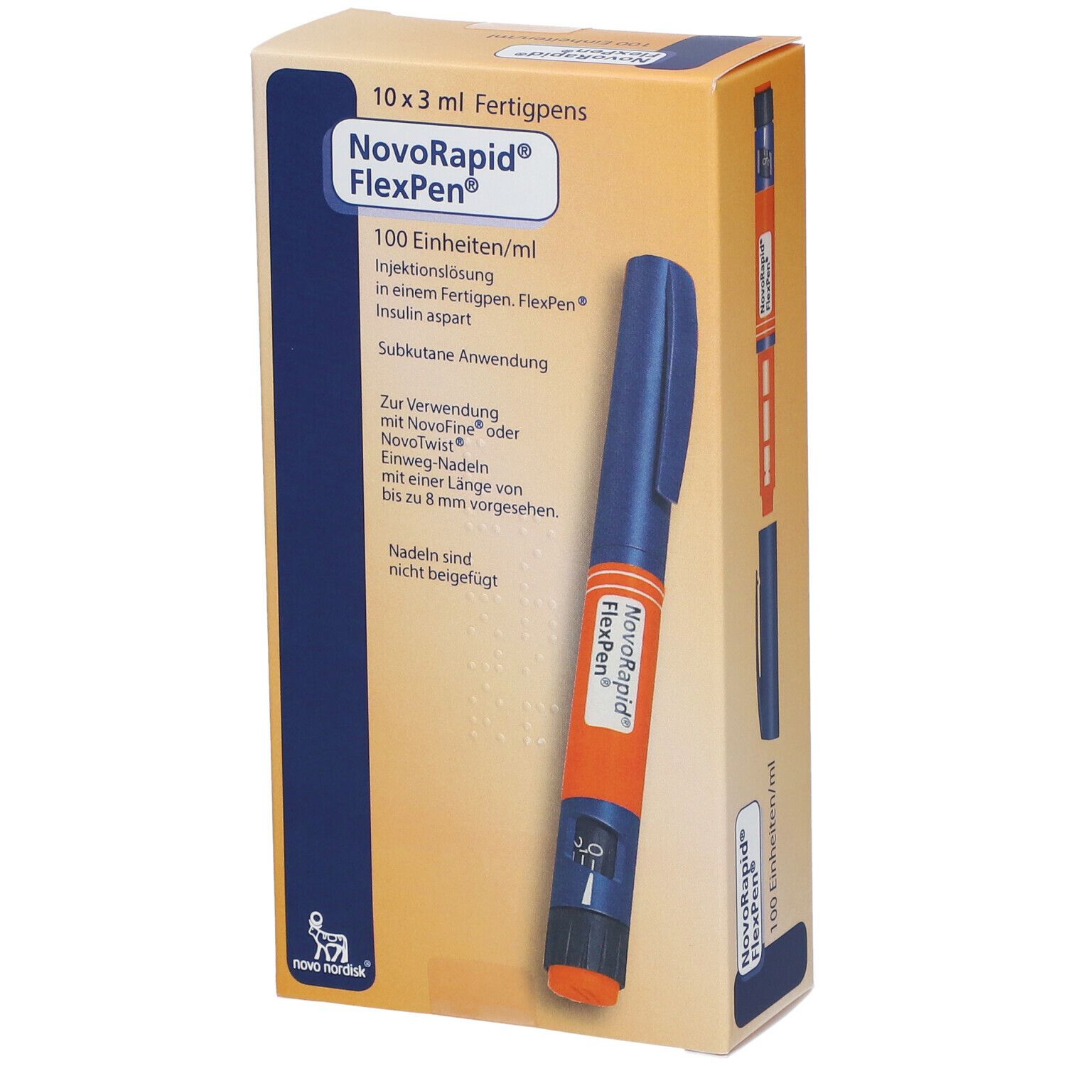 Karton mit Fertigpen. Aufschrift: NovoRapid FlexPen, 100 Einheiten/ml. Blaue und orangefarbene Fertigpen.