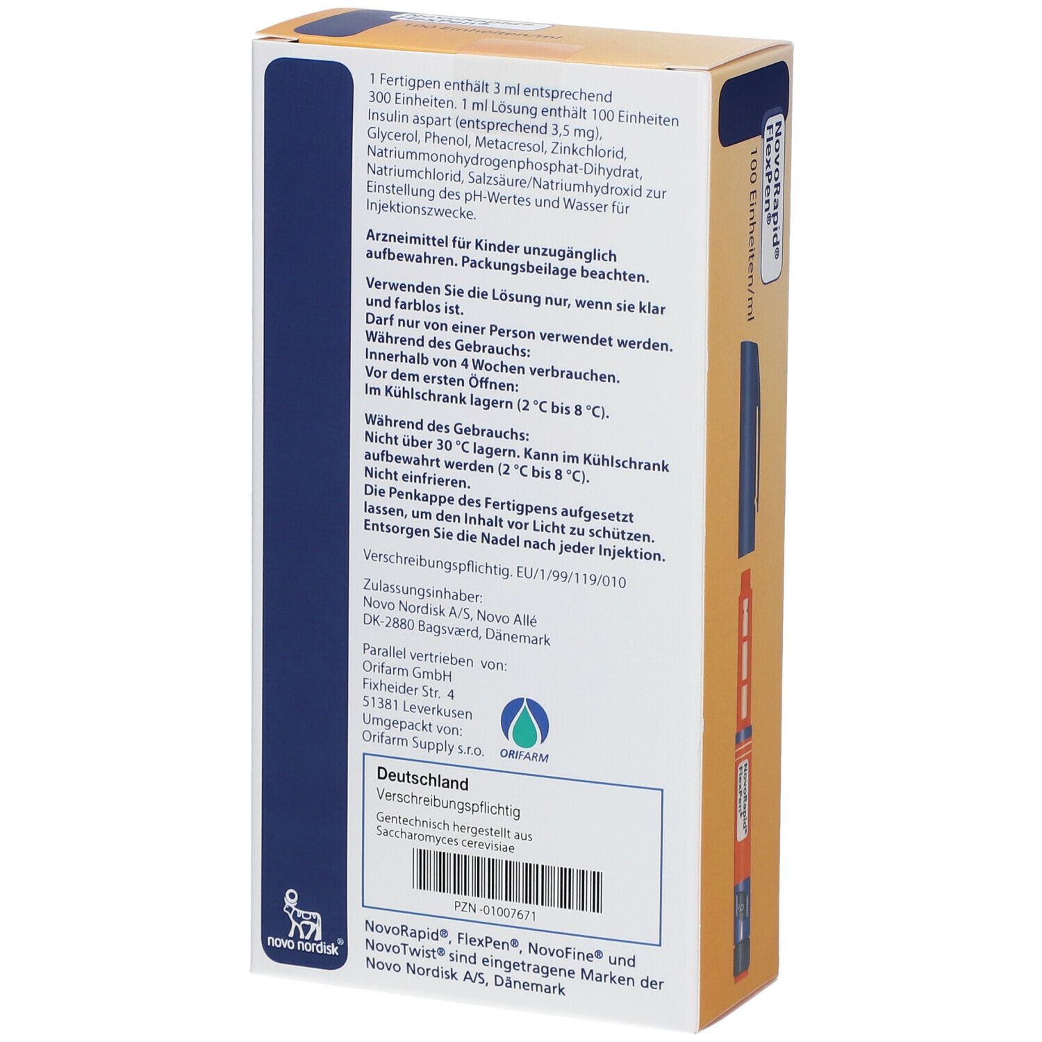 Rückseite der Verpackung. Text mit Produktinformationen. Novo Nordisk Logo. Text in Deutsch.