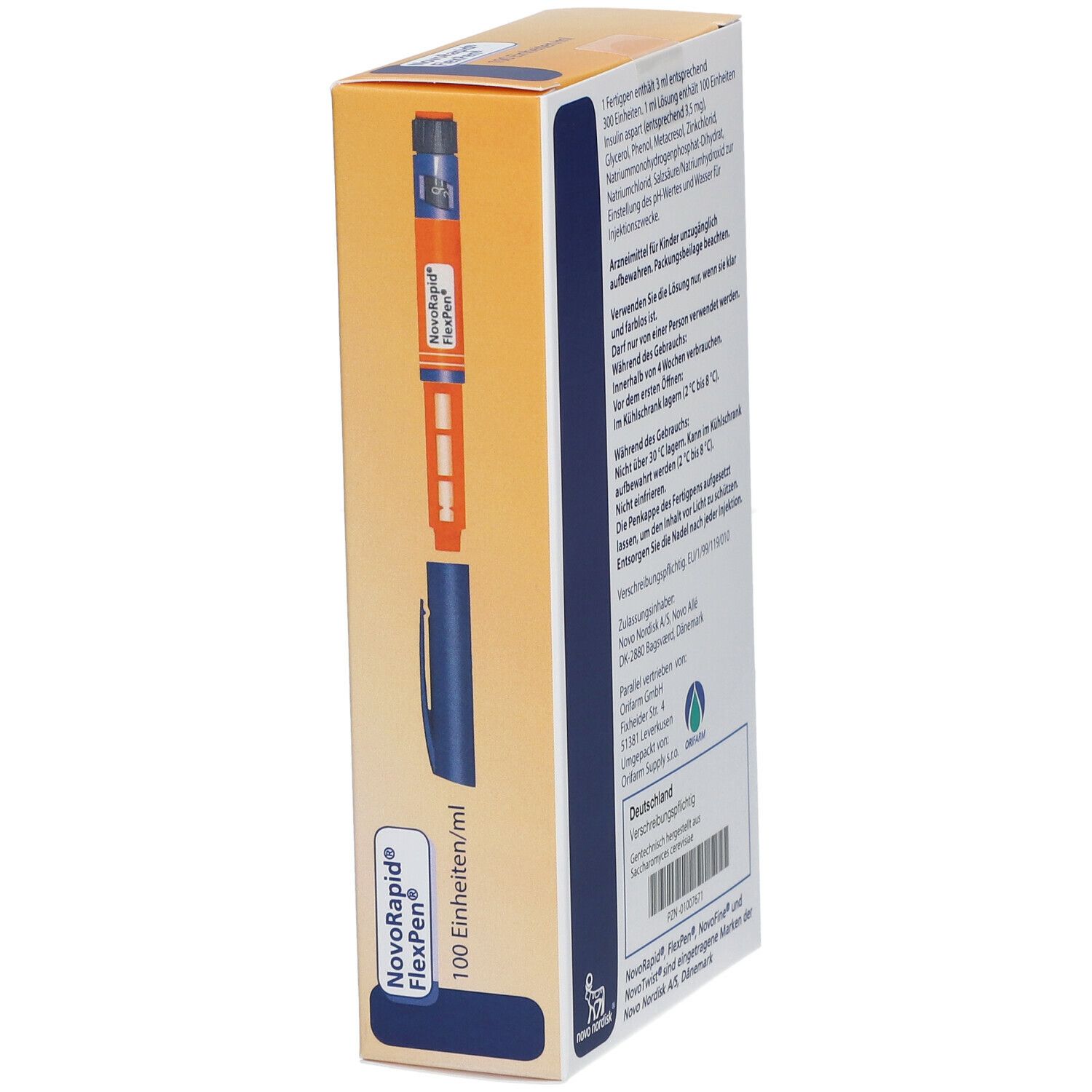 Karton mit Fertigpen. NovoRapid FlexPen, 100 Einheiten/ml. Blaue Kappe, orangefarbener Pen. Rückseite mit Text.